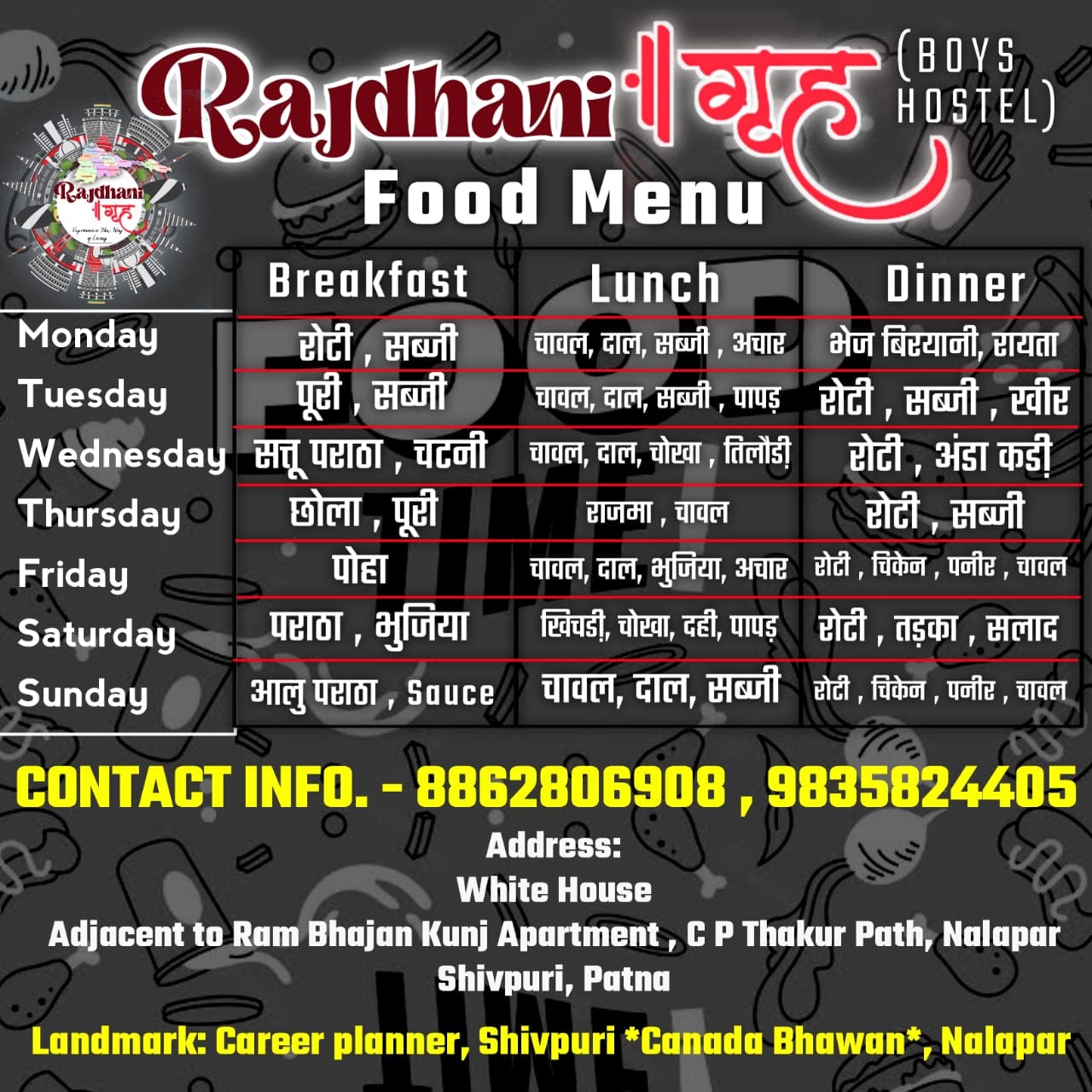 Rajdhani Grih Boys Hostel — Weekly food menu showing Breakfast, Lunch & Dinner for each day